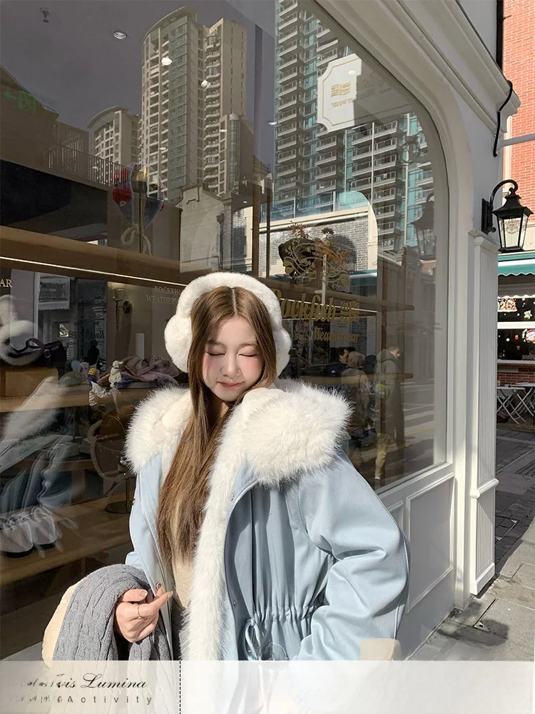 

Korean Sle ort Puffer Jaet Women's Winter Fce Lined Hooded Fur Collar Coat Slimming High Waist pe Fabric