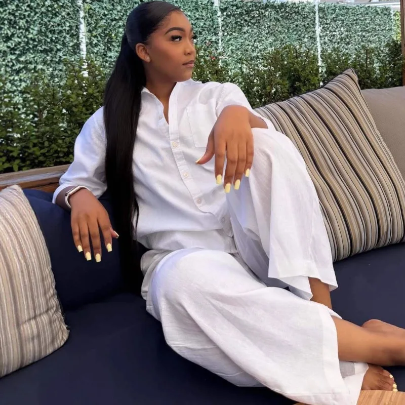 White Linen Two Piece Set Summer Women Button Up Shirt + Drawstring Pants African Loungewear Casual Plus Size Vacation Outfits
