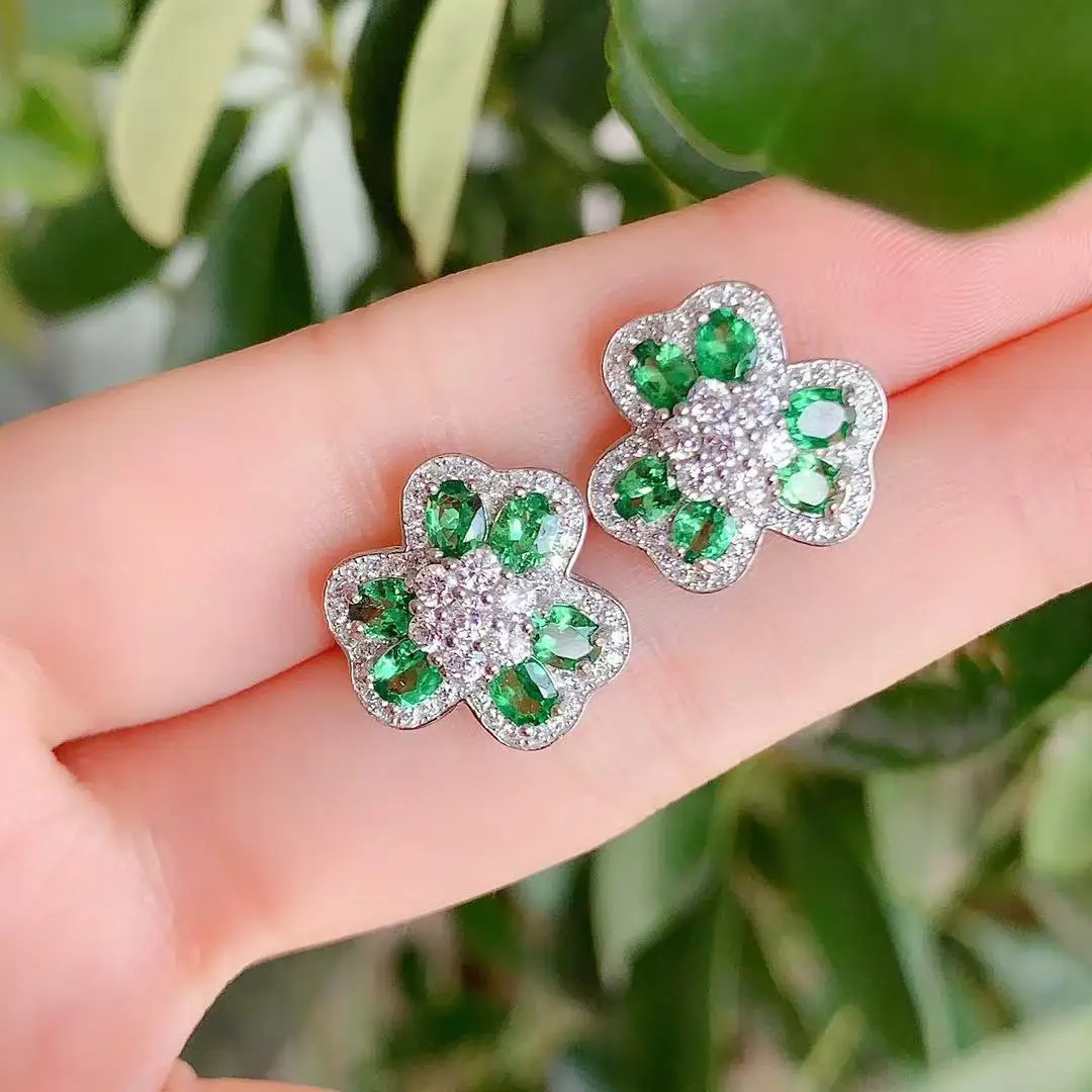 

Natural Tsavorite Earrings Heavy Luxury Craft, 925 Sterling Silver Inlaid Elegant Gem Jewelry