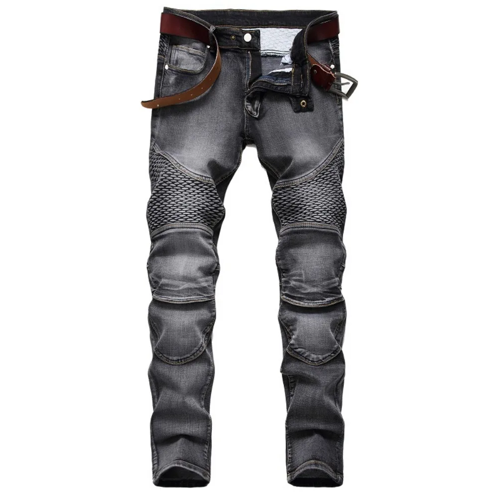 

Men Jeans Denim Pants Spliced Skinny Moto Biker Hip Hop Pockets Solid Zipper Fly Flat Ankle Length Trouser Washed 2025 Summer