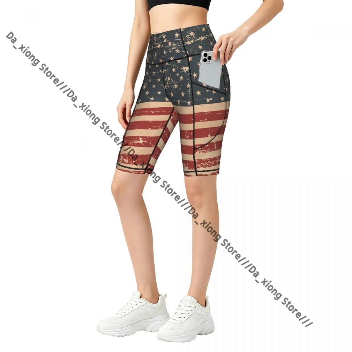 Female Hip Lift Yoga Shorts Patriotic American Flag Grunge Background Daily Wear Fitness Active Pants