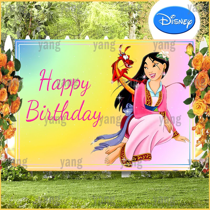Custom Disney เจ้าหญิงจีน Mulan สีเหลืองฉากหลังรูปภาพสาว Happy Birthday Party ตกแต่งผ้าอาบน้ำเด็กพื้นหลัง