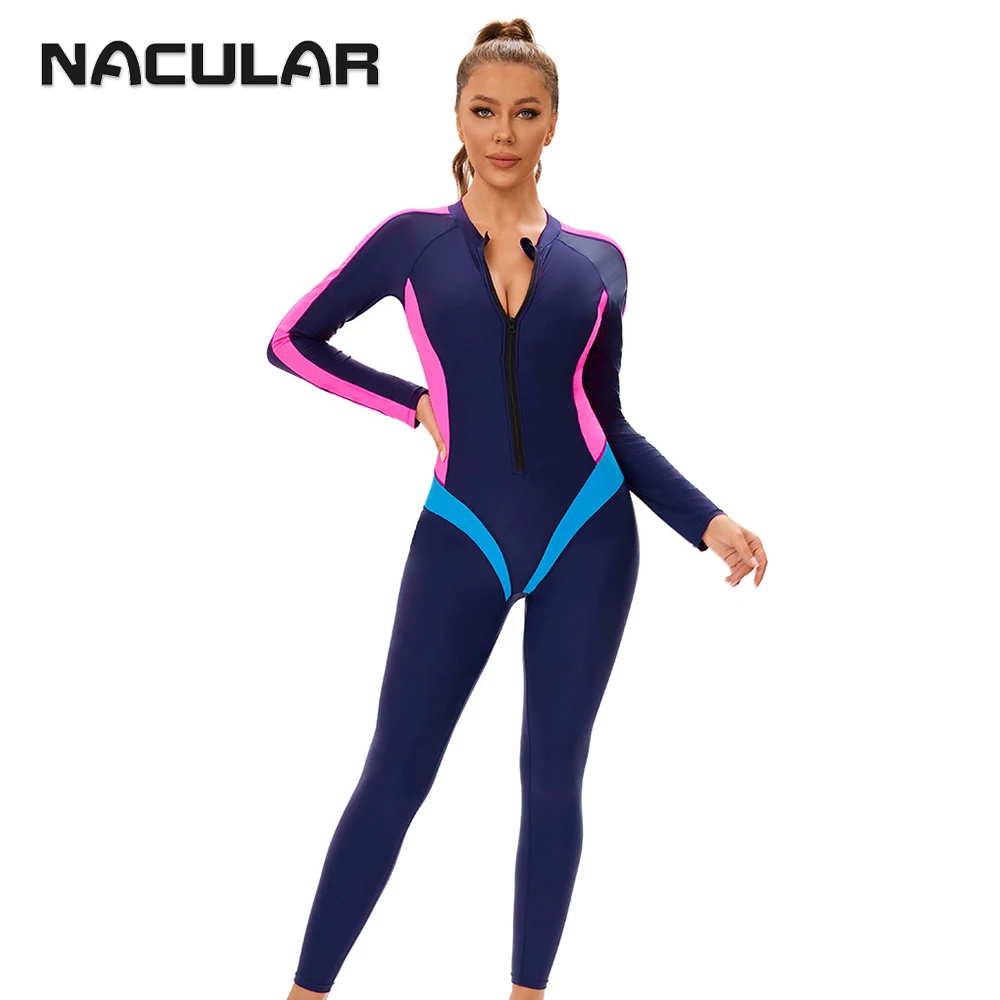 Nauular esporte maiô mangas compridas retalhos uma peça surf plus size novo acolchoado beach wear rash guards feminino mergulho 2025