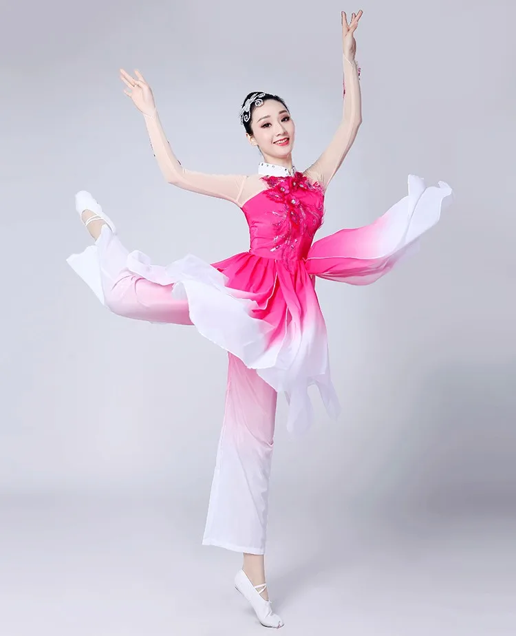 Traje de baile Yangko para mujer, ropa de bailarina de baile nacional chino, ropa Hanfu, paraguas de baile cuadrado elegante, traje de baile abanico