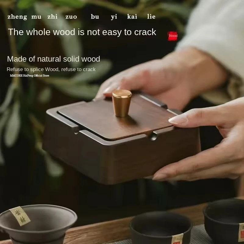 

Solid Wood Ashtray with Lid, Stainless Steel Inner Liner,Ash Trays for Office Living Room Use,Circular Square Home Decoration