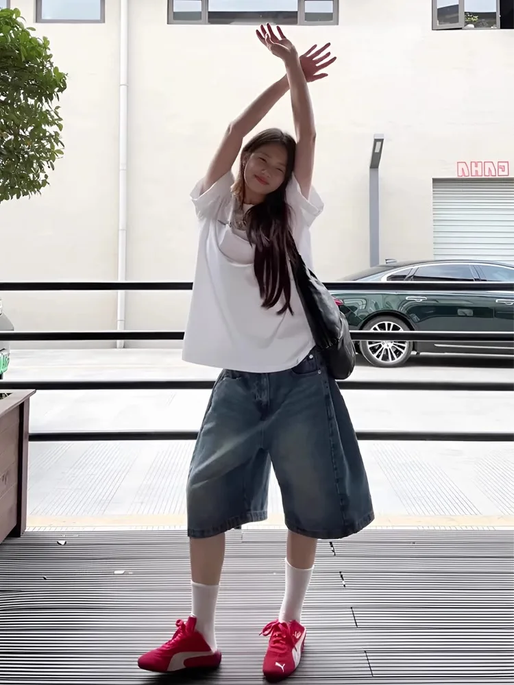 

Широкие брюки в американском стиле ретро, женские летние тонкие свободные джинсы большого размера с высокой талией, пятиточечные средние брюки