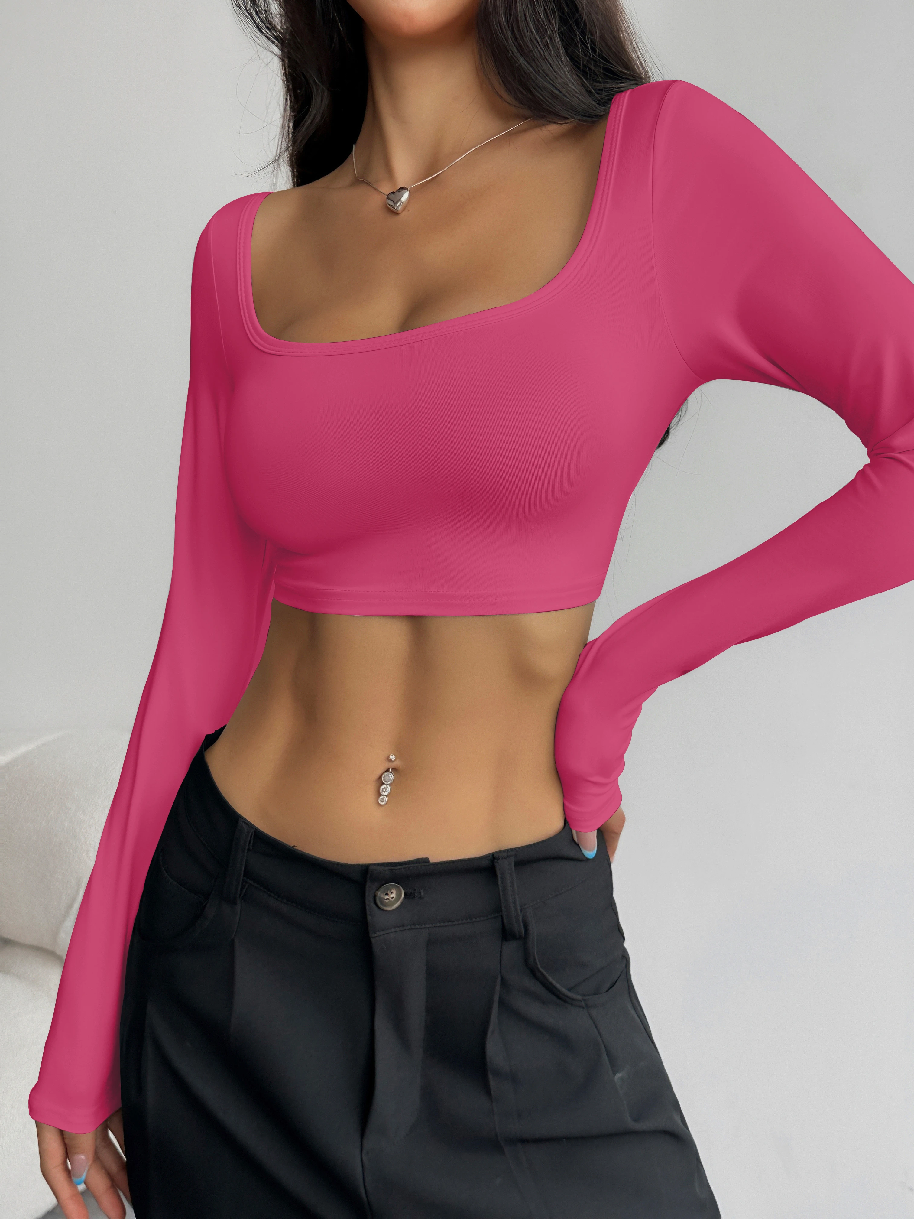 Damen-Crop-Top mit eckigem Ausschnitt und langen Ärmeln, figurbetontes Oberteil, das die Schlüsselbeine betont, heiß begehrter kurzer Bodysuit für vielseitiges Layering – Detail 18