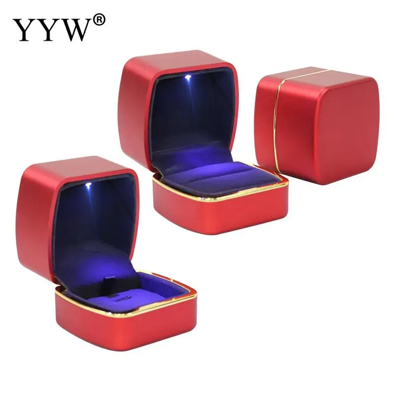 Square Shape Velveteen Dustproof Rings Pendant Box Display Jewelry Holder With Led Light For Marriage Anniversary Birthday Gift