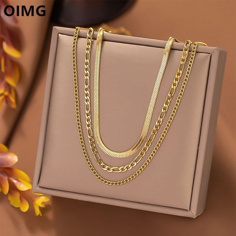 OIMG 316L Stainless Steel Gold Plated Punk Simple Multilayer Snake Chain  Necklace For Women Girls Christmas Party Gift Not Fade