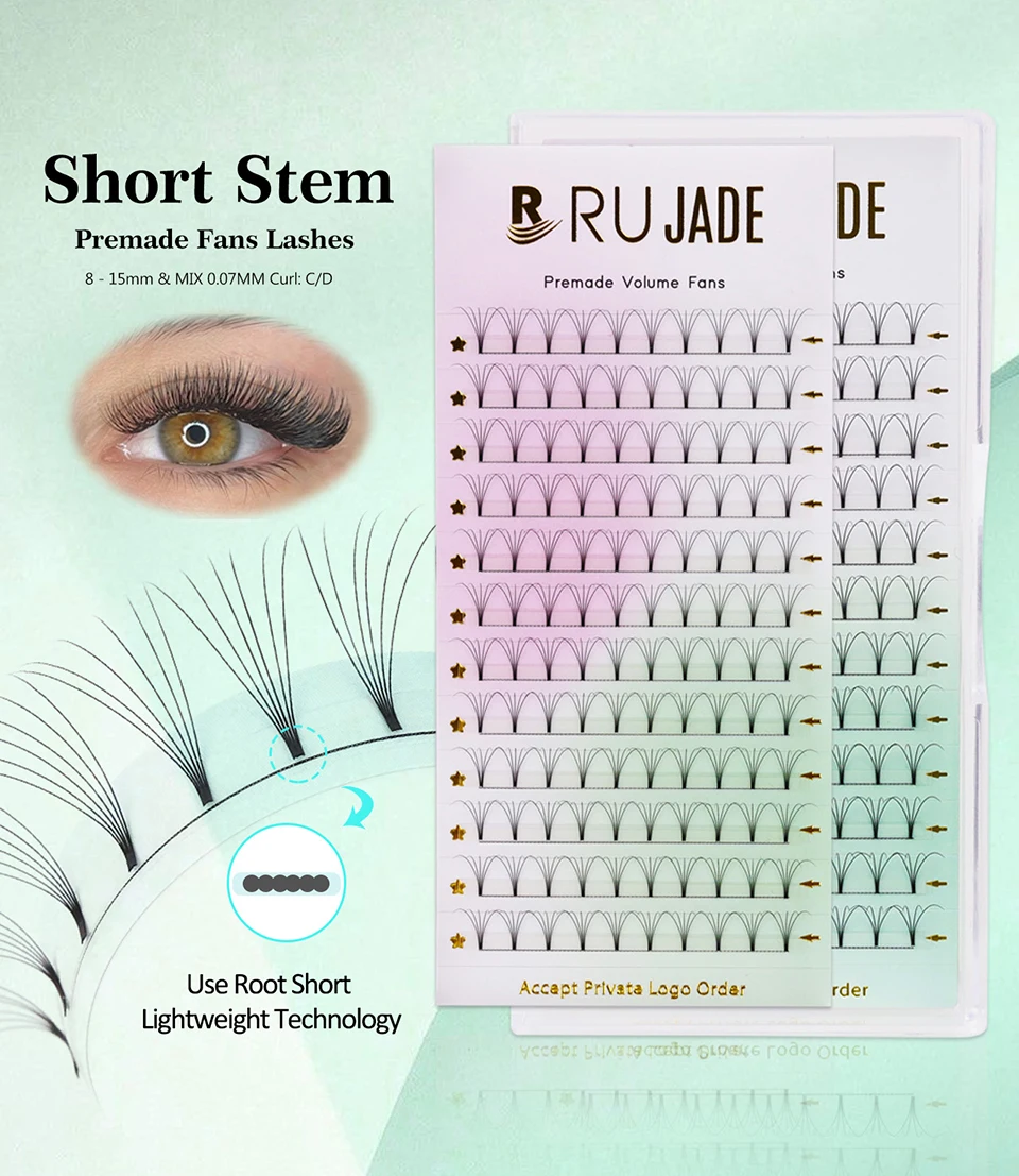 Rujade 0,07/0,10 mm Kurzer/Langer Stiel Korea Vorgefertigte Russische Volumen-Wimpern Vorgefertigte Fächer Professionelle Mega-Volumen-Wimpernverlängerungen – Detail 2