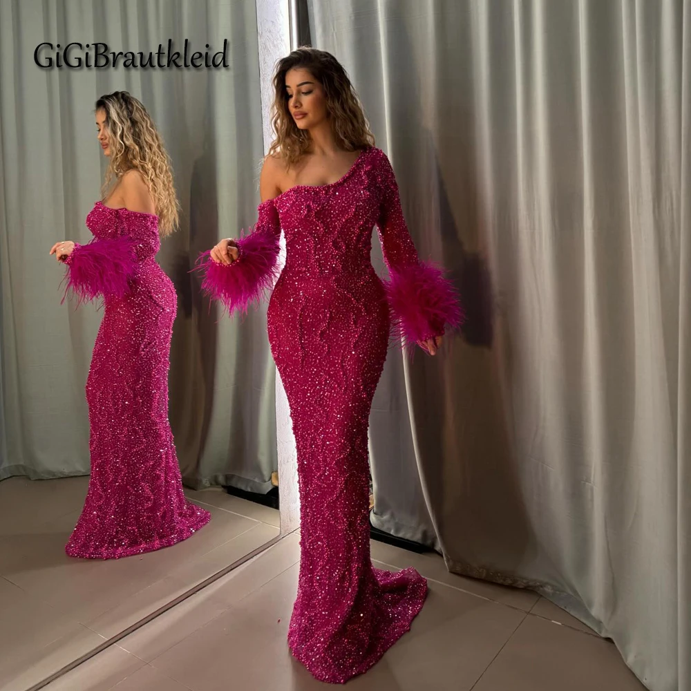 GiGiBraut Trendy Sequin Occasion Dresses For Women Trumpet Beadings Feather Prom Gowns Robes De Soiree Customized Plus Size