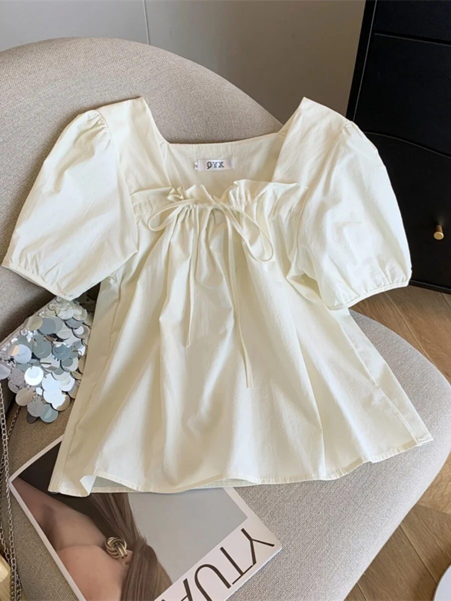 

Korean Style Loose Fit Women's Shirt Summer Short Sleeve Bow Tie Square Collar Cotton Casual Top Youthful Appearance