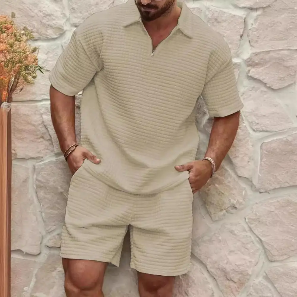 Conjunto masculino de waffle texture sportswear, tops de manga curta lapela, shorts de cordão ajustável sólido para ativo