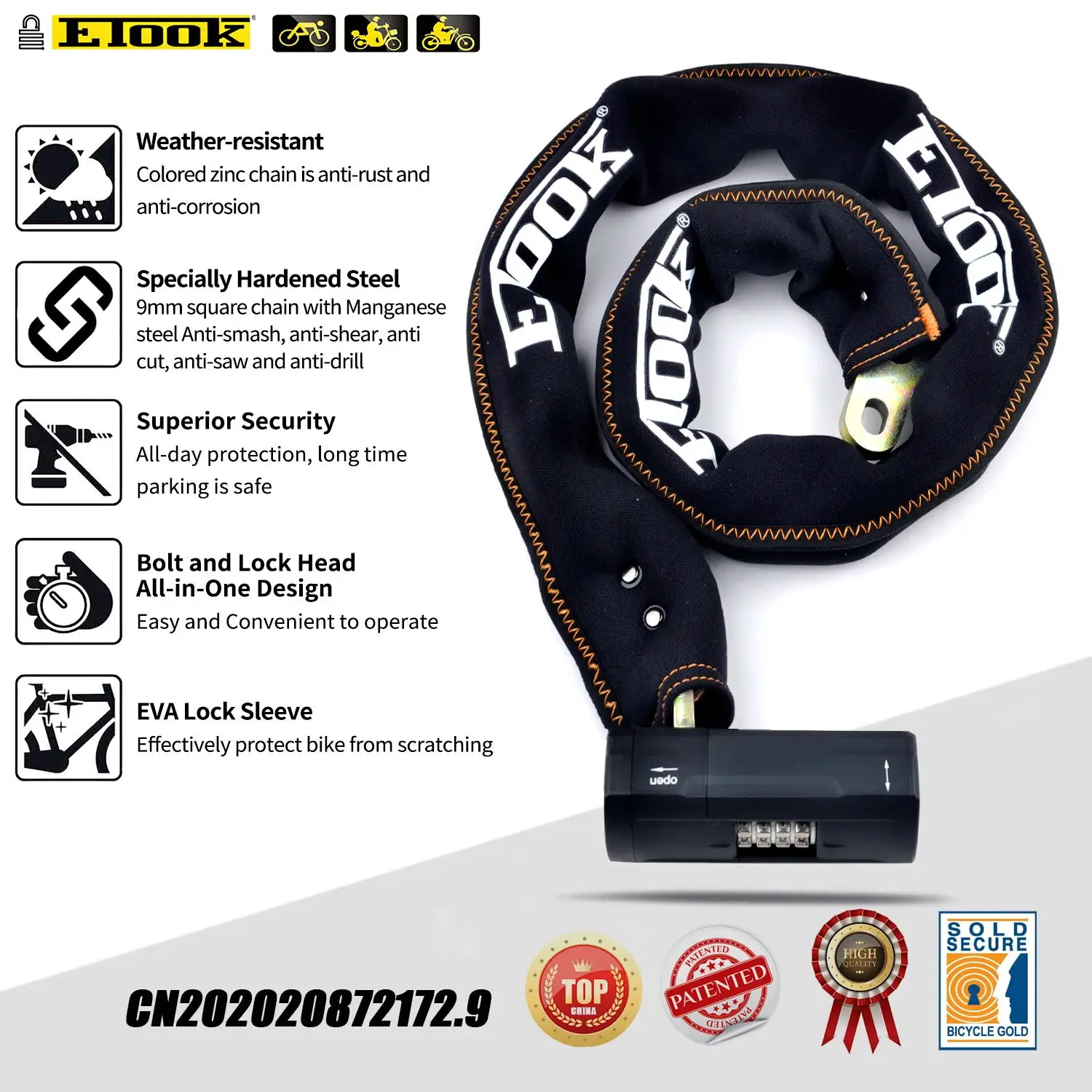 ETOOK-Anti-Theft Bicycle Lock, Chain Lock para motocicleta, bicicleta, scooter, E-Bike, Heavy Duty, Safety Lock, Outdoor Acessórios de ciclismo