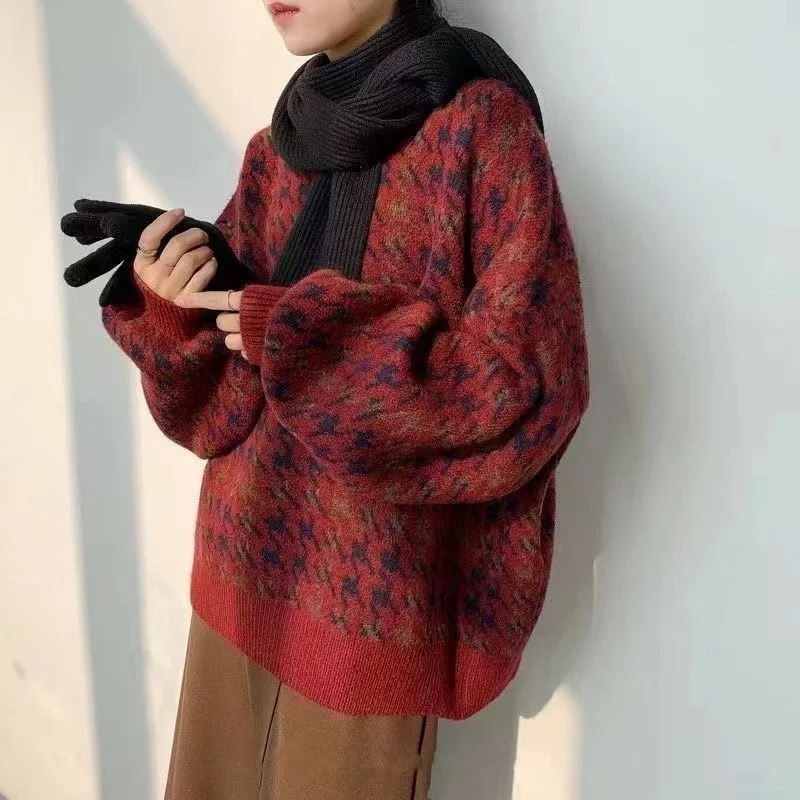 

Woman Round Neck Sweater Girl Fashion Loose Long Sleeves Knitted Shirt Spring and Autumn Clothes Wear Outside Underwear New