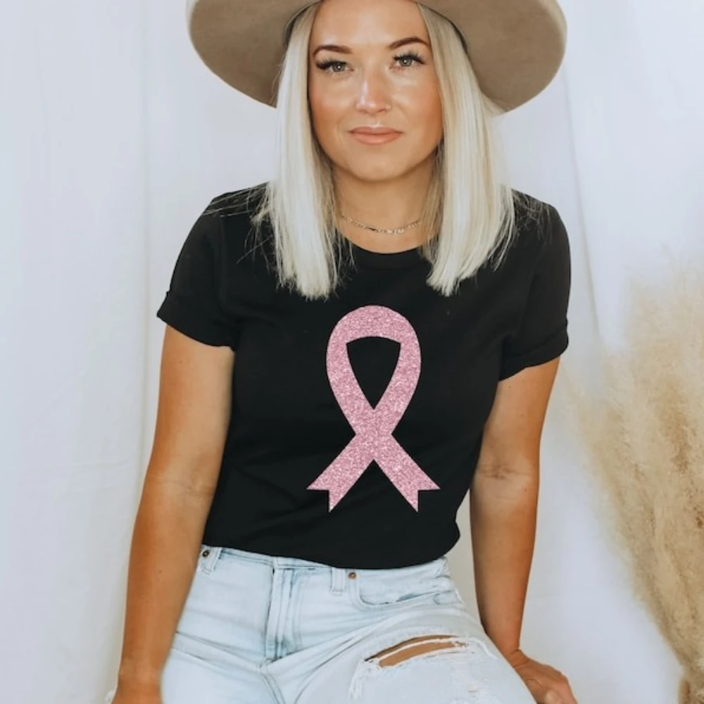 Футболки с рисунком розовой ленты, рубашки для осведомленности о раке молочной железы, подарок для осведомленности о раке молочной железы, хлопковые женские футболки
