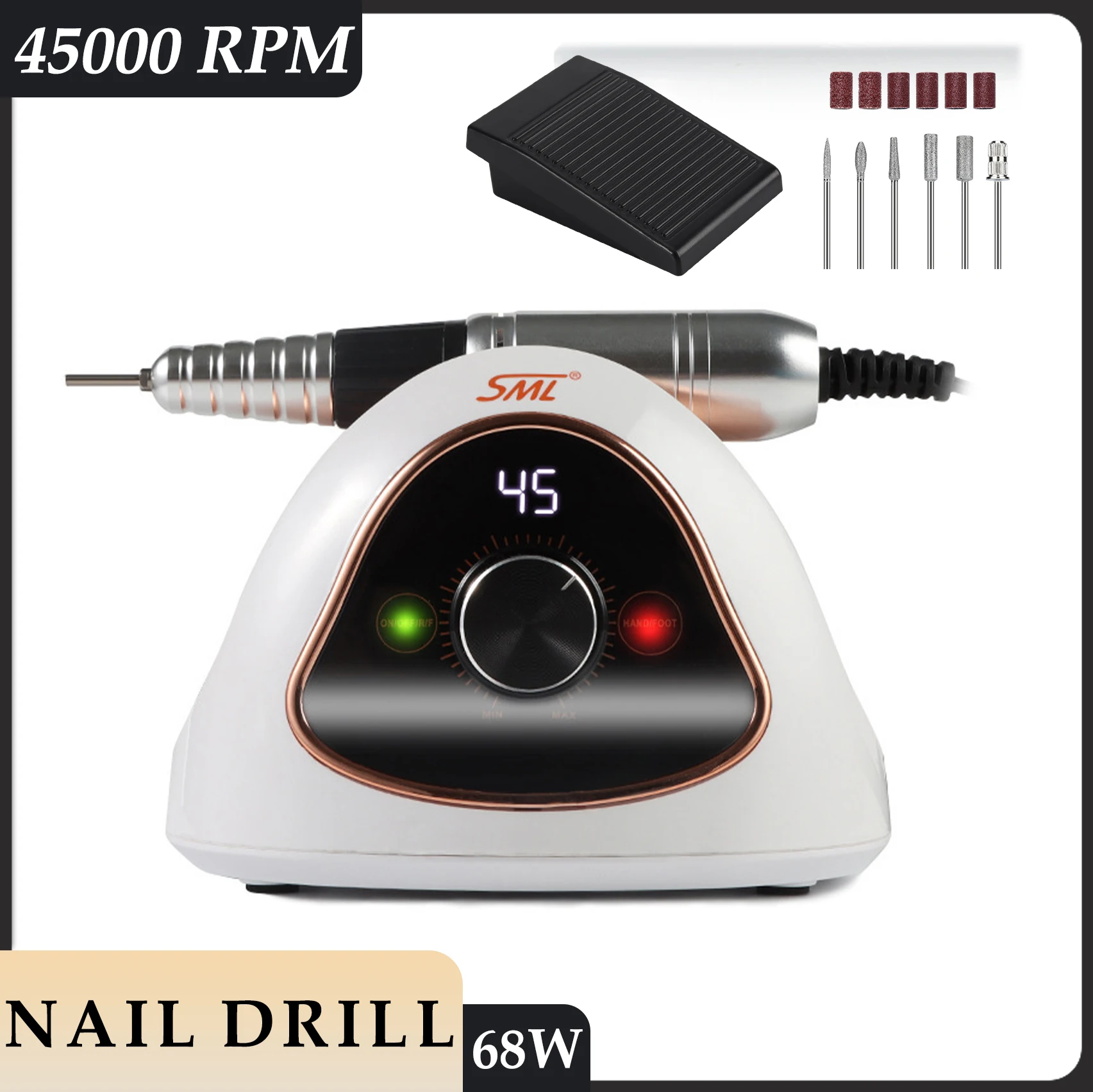 

45000RPM Nail Drill Machine Professional Manicure Polisher with LCD Screen Electric Nail Sander with Foot Mode Nail Art Tools