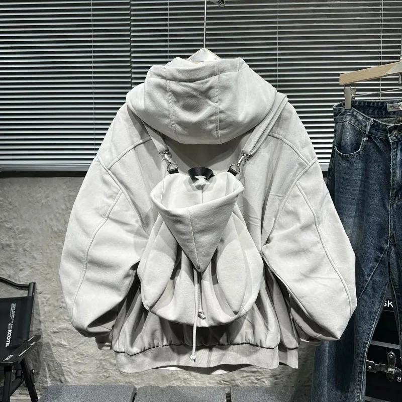 Hooded Loose Coat with Detachable Rabbit Backpack Drawstring Long Sleeve Casual Outerwear Women and Man Daily Streetwear Jacket