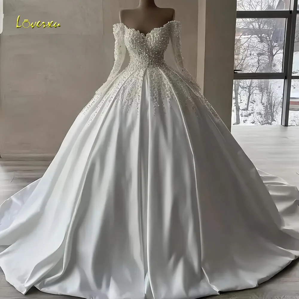 Loverxu Ball Gown Royal Wedding Dresses Sweetheart Off The Shoulder Vestido De Novia Lace Beaded Satin Custom Made Bridal Gowns