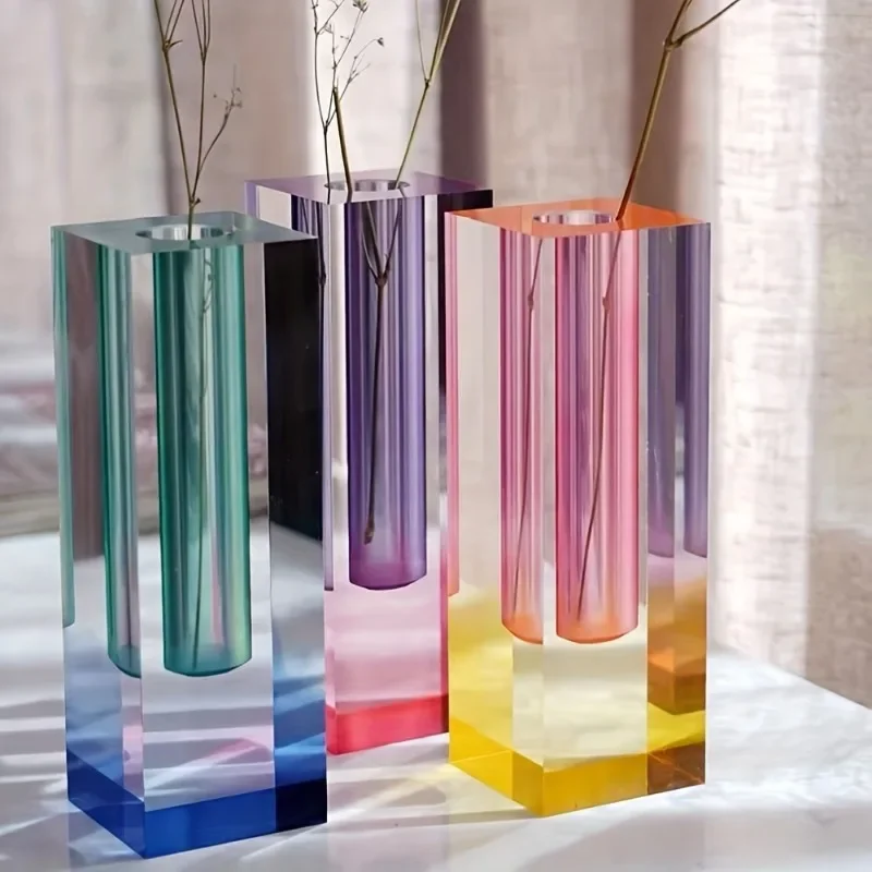 Nordic Style Acrylic Colorful Vase Square Flower Planter Decorative Ornaments Home Decoration Wedding Decoration