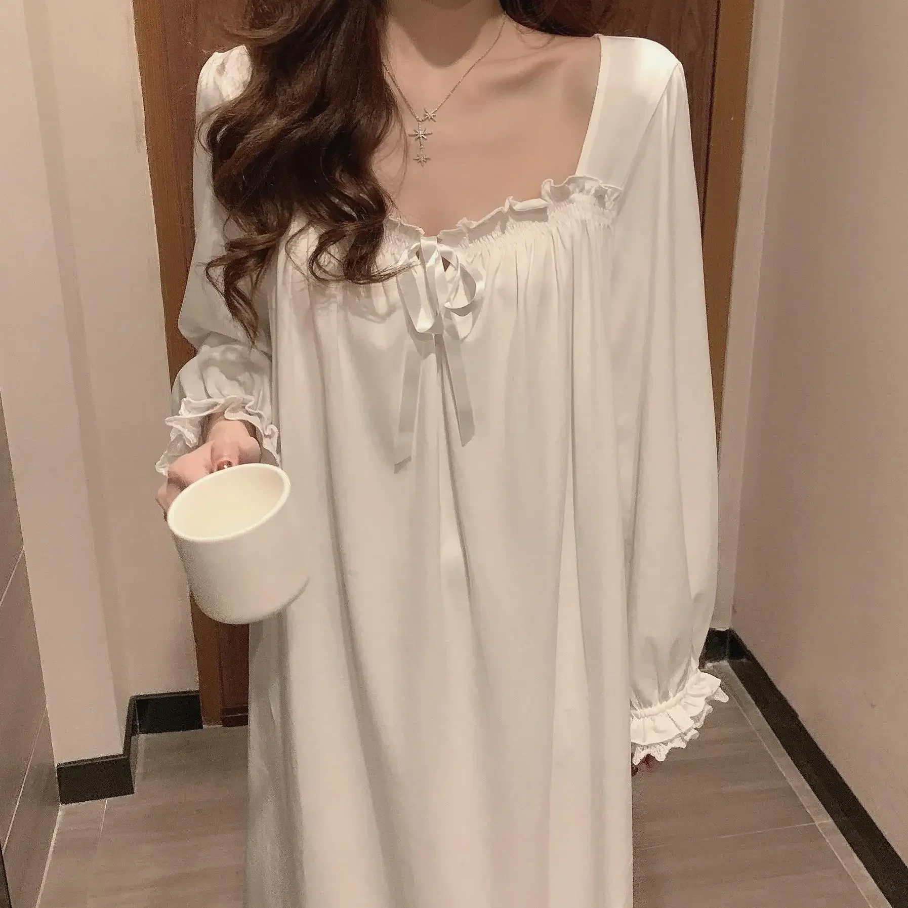 Sleepwear for Women Night Dress Korean Style Ruffles Pajamas Long Sleeve Nightie Loose Casual Nightgown Lace Ladies Dresses