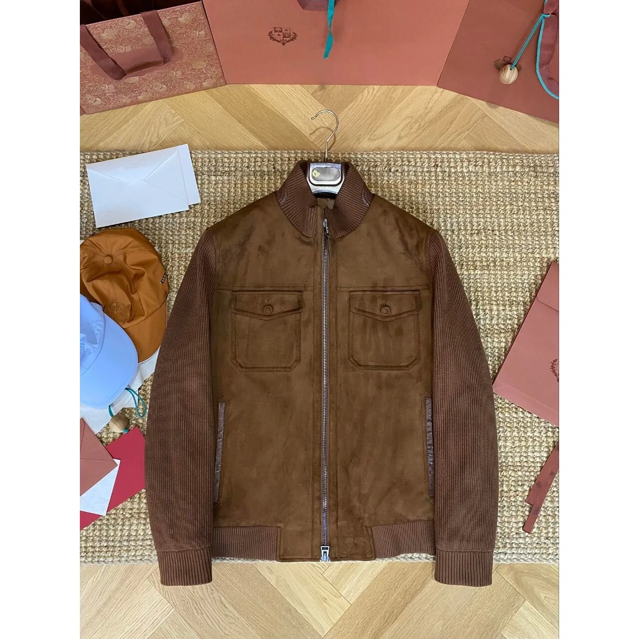 

High-End TF Men's Suede Patchwork Knitted Stand Collar Jaet Soft Touch Resilient Winter Outerwear Casual Mid-Length Fit