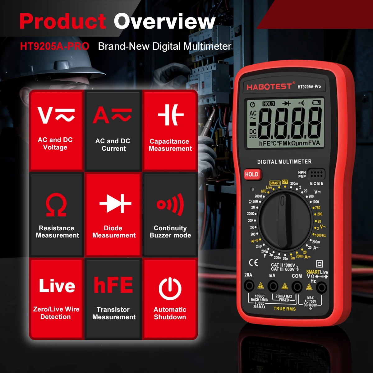 HABOTEST HT9205A-PRO Digital Multimeter True RMS Multi-function Tester Live Neutral Line Test AC DC Voltage Current Capacitance
