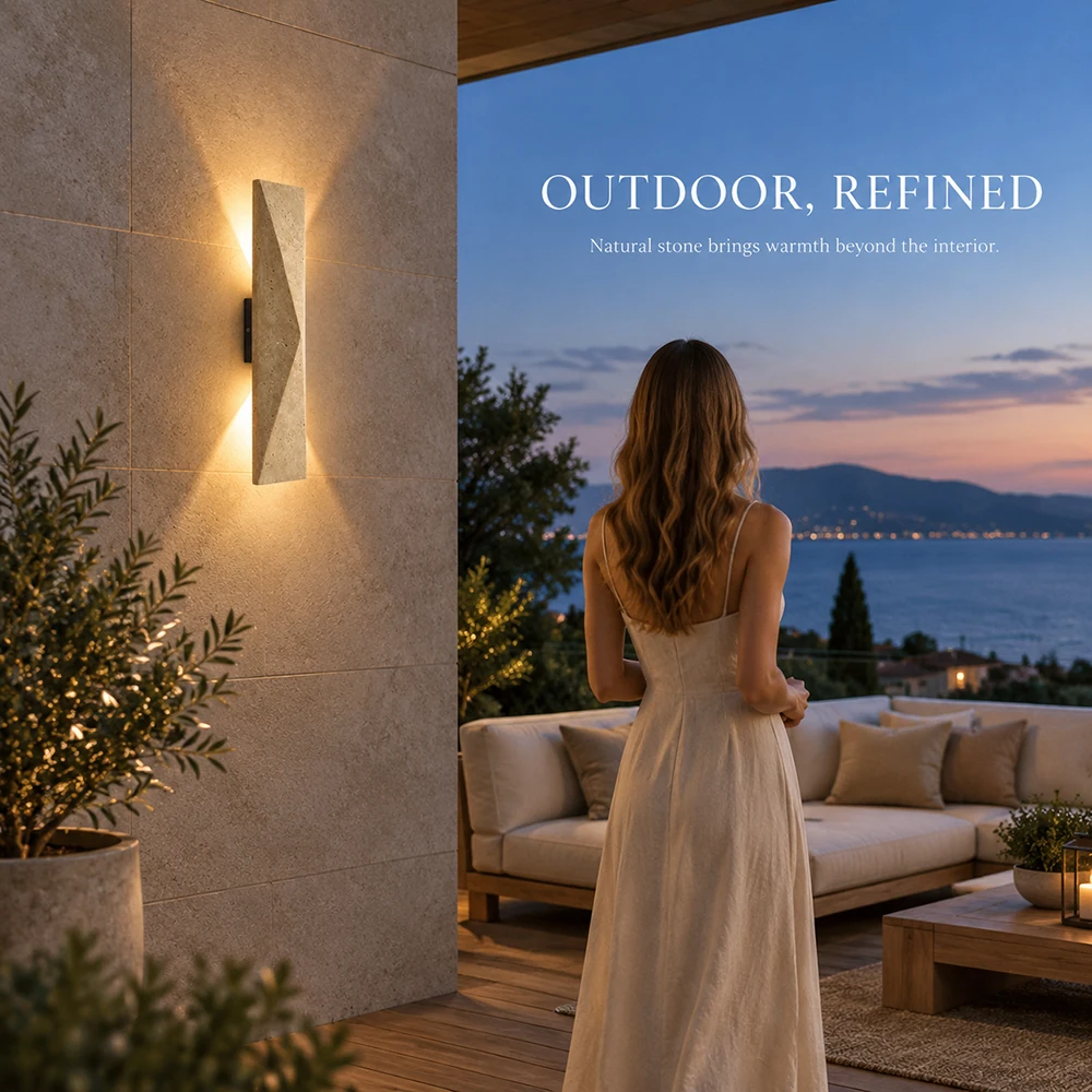 Waterproof Travertine Wall Sconce 12W LED Up Down Outdoor Wall Light Natural Stone Lamp for Garden Patio Porch Entryway 85-265V