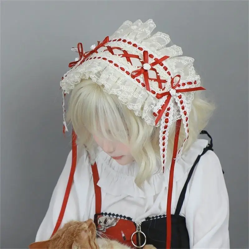 270D Gothic Stirnband Mädchen Haarschmuck Bögen Maid Kopfschmuck Spitze Haarteile Stickereien Kopfbedeckung für Cosplay Party