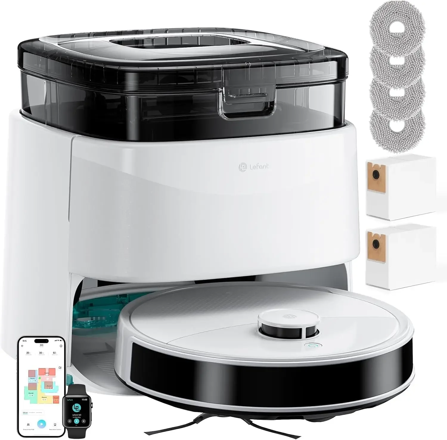 

Robot Vacuum and Mop, 12000Pa Suction, 90-Day Self-Emptying, Obstacle Avoidance, Auto Mop Washing&Drying, All-in-One for Pet Hai