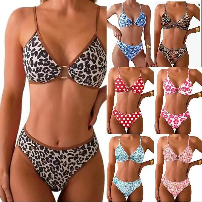 Floral Print Bikini Sets For Woman Triangle Top High Waist Bikinis Women's 2026 Swimwear Blue White Pattern Two Piece Bikini