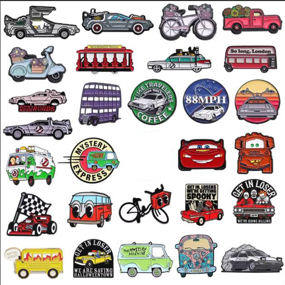 Cartoon Car Collection Brooch Sports Car Racing Motorcycle Bike Truck Bus RV Train Car Metal Badge Punk Pins Jewelry Friend Gift
