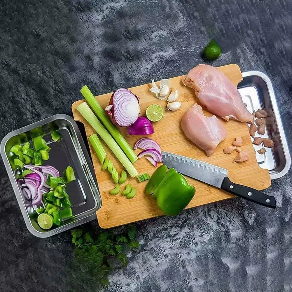 Bamboo Cutting Board With Stainless Steel Storage Hidden Kitchen Slide Tool Out 2 Cleaning Drawers Non-Slip Easy With Tray W4W7