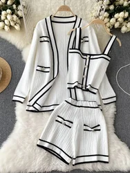 Long Sleeve V Neck Cardigan Jacket + Sling Vest + High Waist Shorts High Quality Chic Button Knitted Vintage 3 Piece Sets V1578