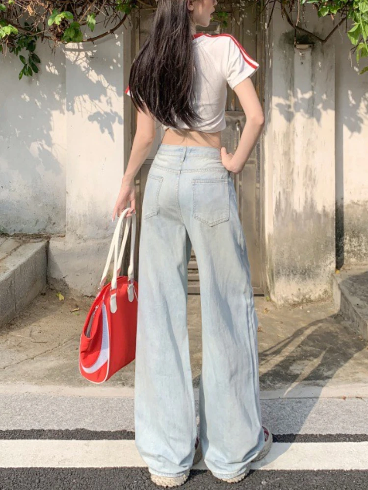 Vintage Y2K Harajuku Lace Ripped Jeans Women Low Rise Light Wash Wide Leg Denim Pants 2025 Summer Retro Grunge Girl Trousers