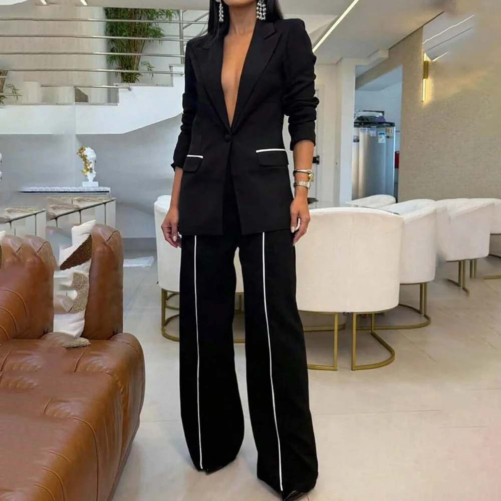 

Сексуальные черные женские костюмы: модный комплект из пиджака на одной пуговице с острыми лацканами и брюк, приталенный крой, 2 предмета, элегантная одежда для вечеринок