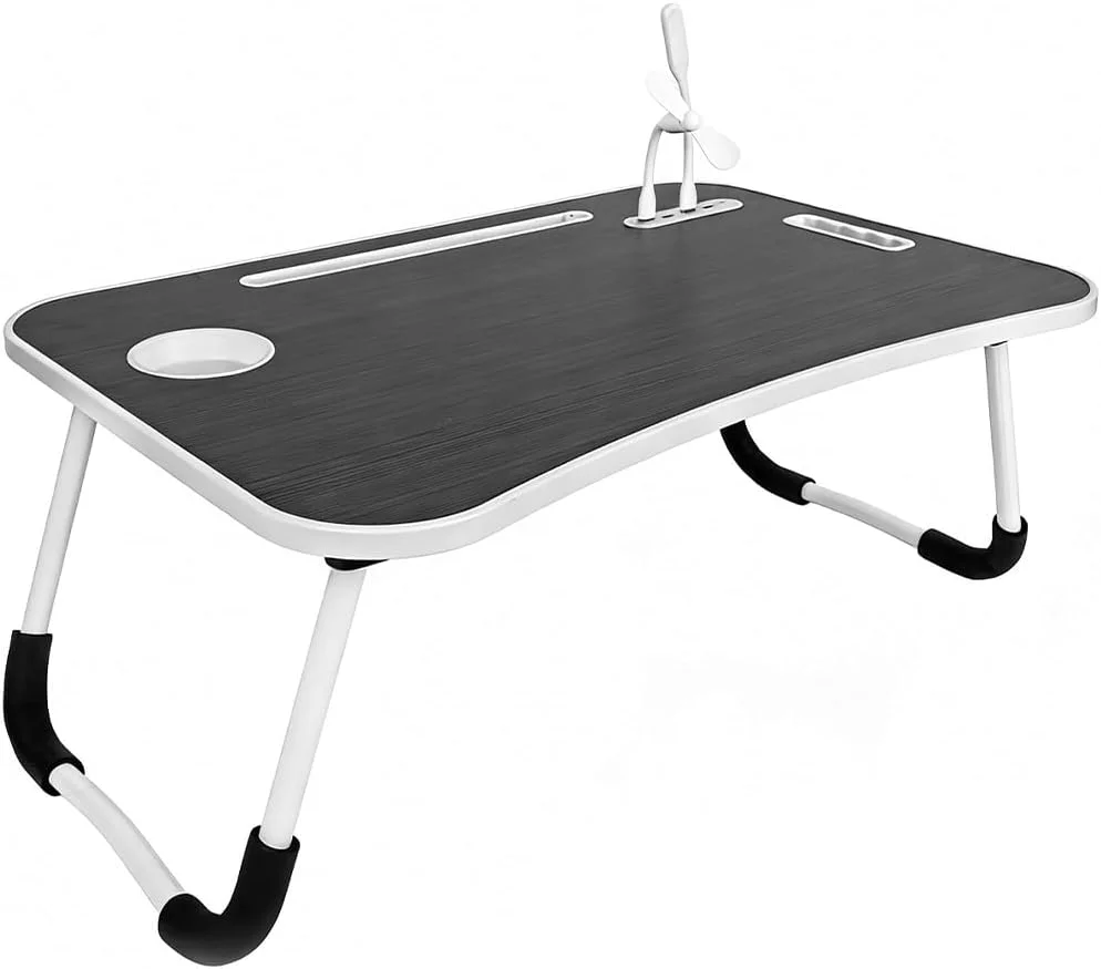 Portable Folding Laptop Bed Desk with USB Rechargeable Cooling Fan & LED Light Multipurpose Lap Desk Computer Stand Holder for Bed Study Writing Storage Table