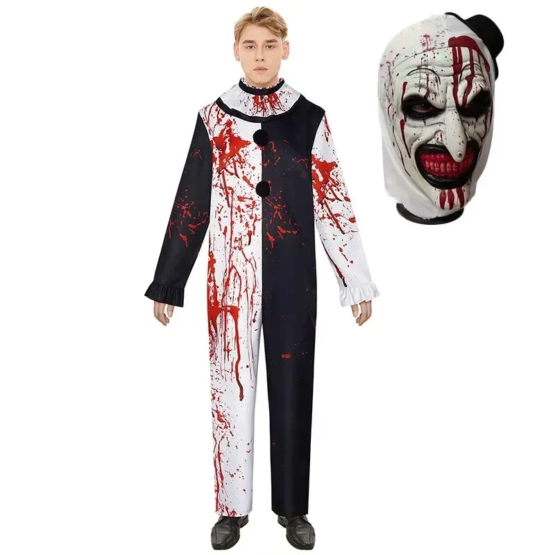 

2026 Men Halloween Costumes Art The Clown Cosplay Costume Movie Terrifierr 2 Bloody Jumpsuit Male Jumpsuit Horror Outfits