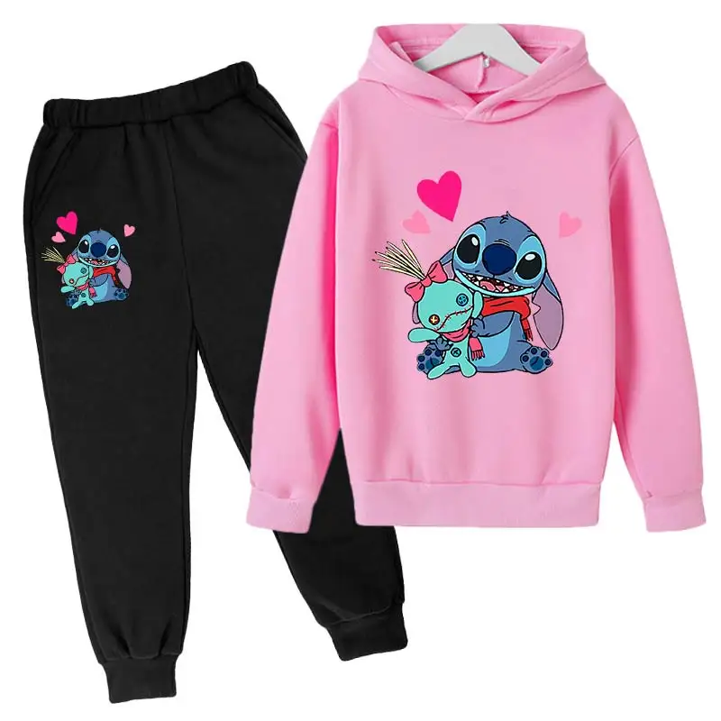 Kids Pink Coat Anime Stitch Children Pullover Hoodies+Pant Sets fit Girls Boys 3-12 Years Leisure black Sweatshirts Print