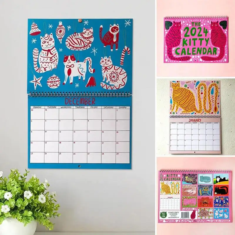 

2024 Kitty Calendar Monthly Planner Full Page Months Thick Paper Wall Calendar Daily Organizer Monthly Cat Calendar Decor