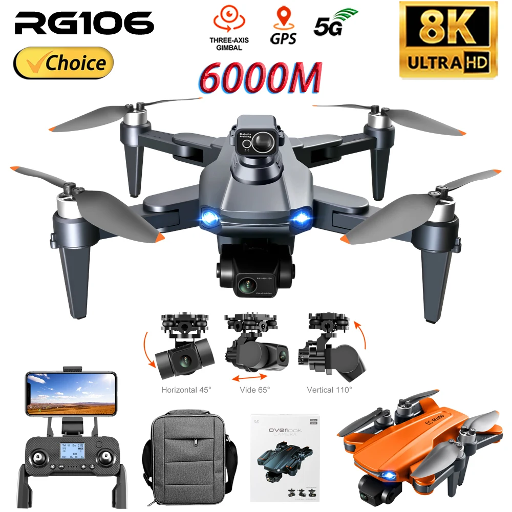 Profissional RC Quadcopter Drone, Evitar Obstáculos, 3-Axis Gimbal, Motor Brushless, 8K, 5G, GPS, WIFI, HD Dual Camera Laser, RG106 PRO