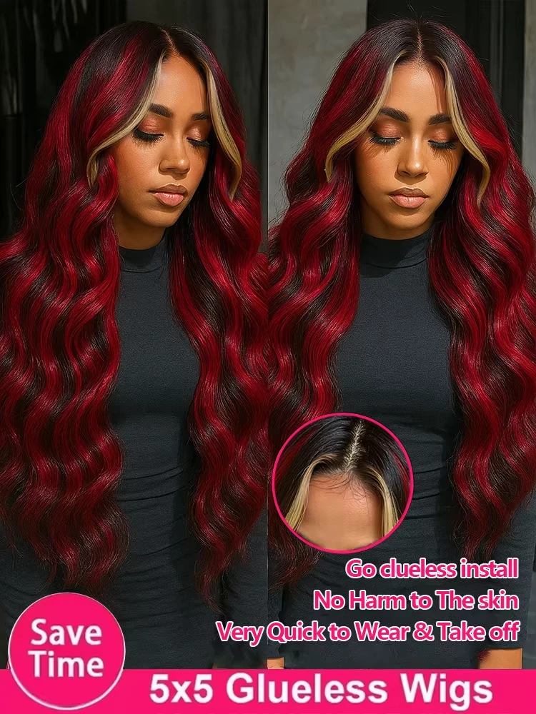 

Highlight Black Red Blonde Body Wave 5x5 Closure Human Hair Wig 1B/99J/27 Ready To Wear Pre-Cut Glueless Colored Wigs 30 inch