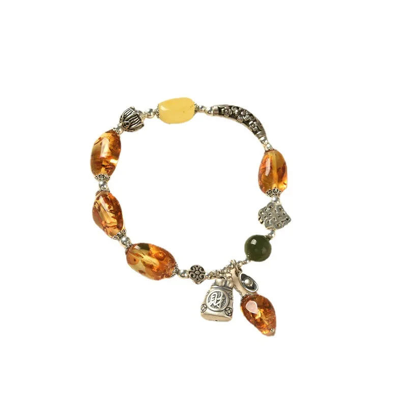 UMQ Vintage Women's Natural Piebald Amber Bracelet Amber S925 Sterling Silver Thai Silver Elbow Lucky Bag DIY Design Bracelet