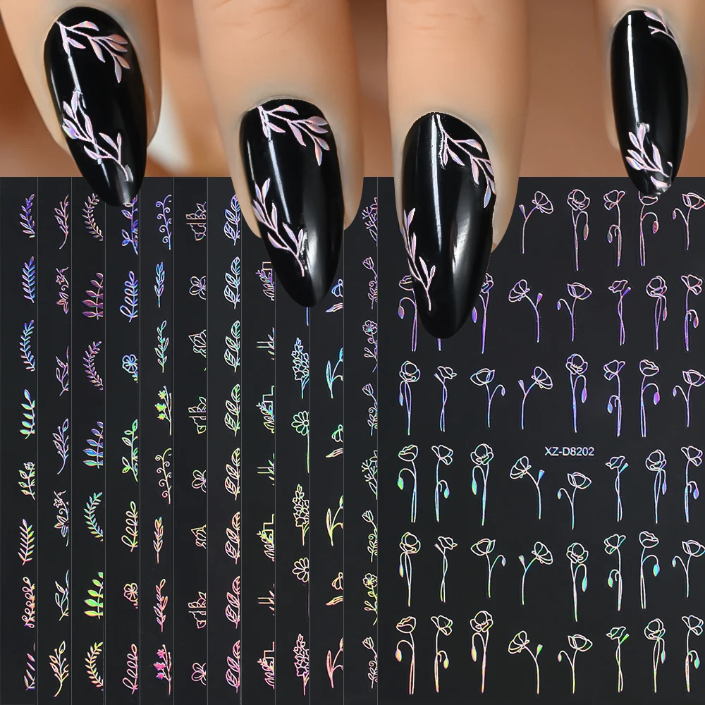 12 pièces or argent noir blanc auto-adhésif Branches ongles décalcomanies Laser fleurs feuilles 8*10 cm Nail Art autocollant manucure Decoratio