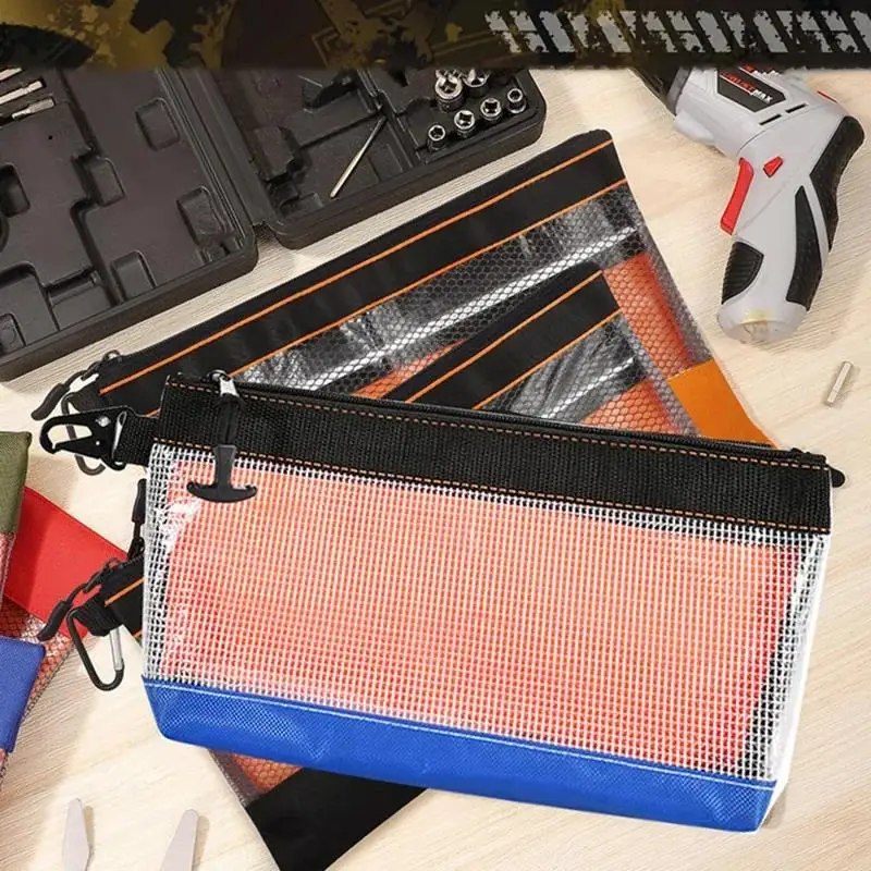 Heavy-Duty Clear Tool Pouch With Zipper & Mesh Window Electrician Utility Bag For Small Tools Storage