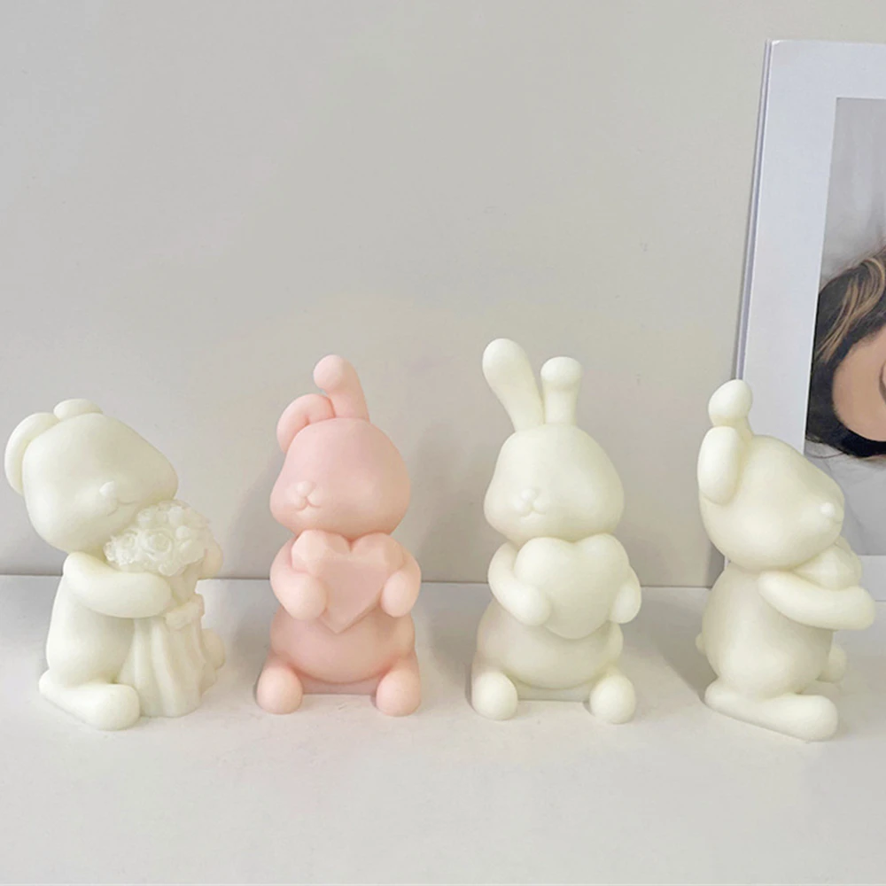 3D Cartoon Bunny Candle Mold Heart Hugging Rabbit Aromatherapy Candle Plaster Ornament Mold DIY Rabbit Handmade Soap Mould