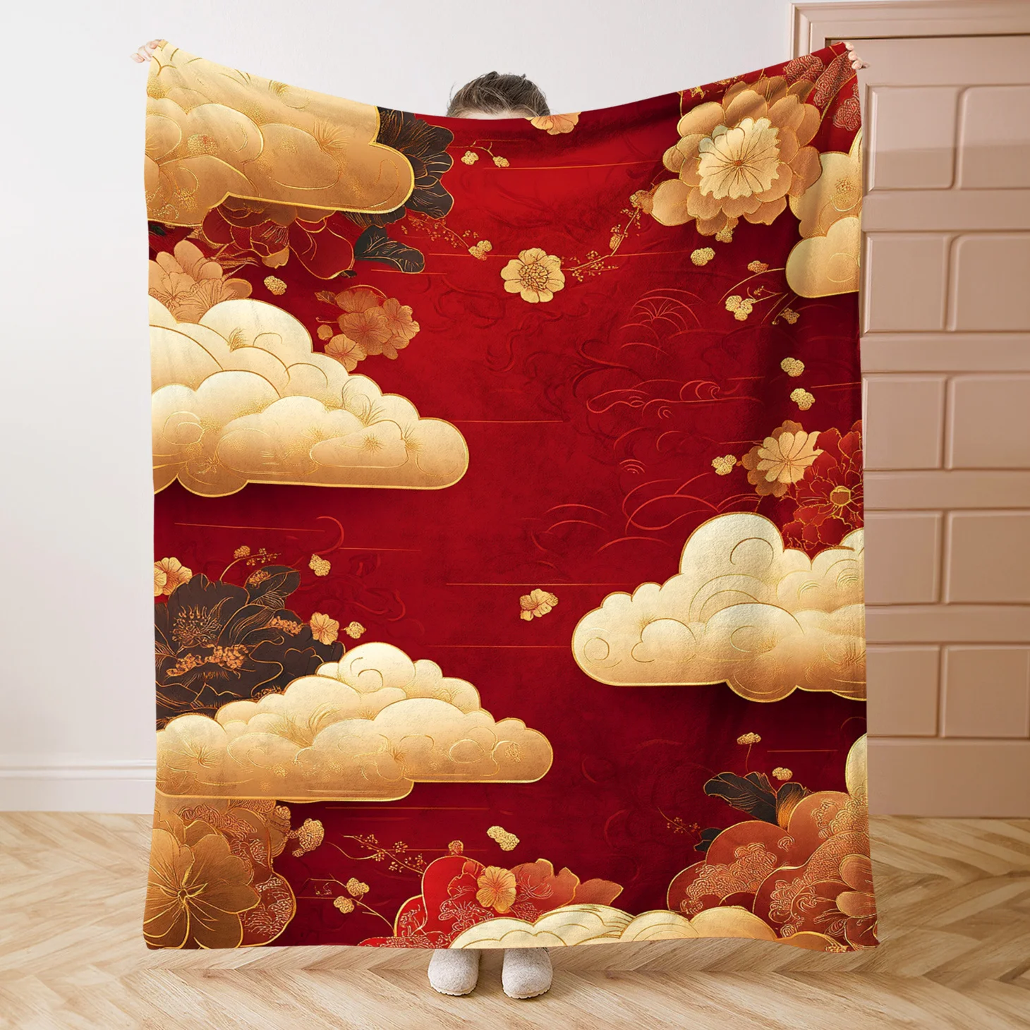 Modern cherry blossom pattern blanket, machine washable, made of polyester, suitable for use in bedrooms, living rooms and sofas