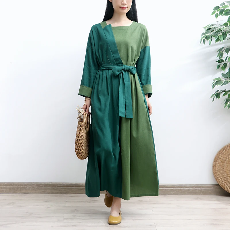 

TIYIHAILEY Free Shipping Women Long Maxi Full Sleeve Cotton And Linen Spring Autumn Dresses With Belt S-XL Green Patchwork