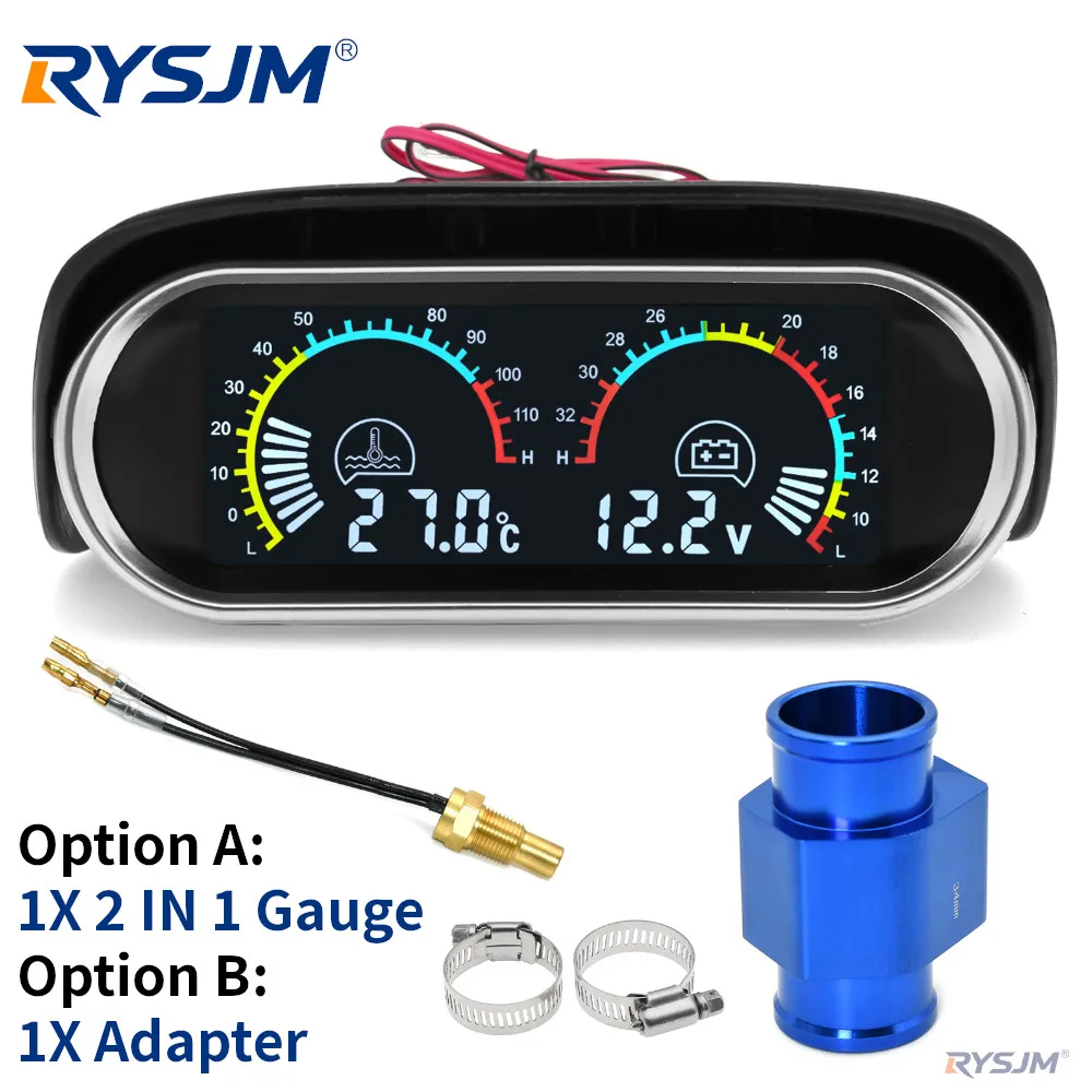 Digital Water Temperature Gauge + Volt Water Temperature Sensor 1/8NPT Head Plug Joint Pipe Sensor Radiator Hose Adapter 12V/24V