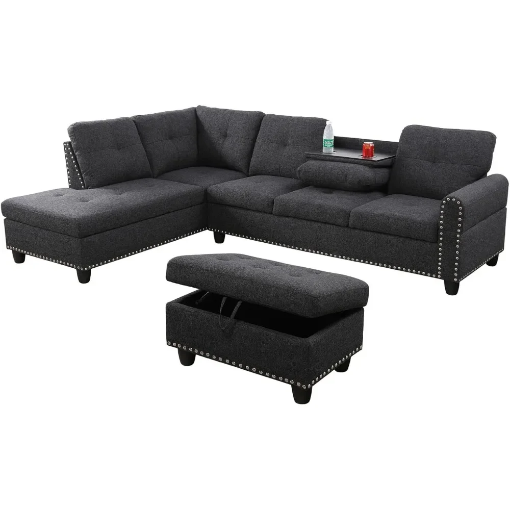 Sectional Sofa with Ottoman Nail-Head Design Linen Right Facing Modern Couches with Cup Holder L Shaped Sectional Sofa image 6